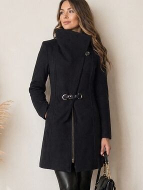 Soia & Kyo Wool Coat Black Asymmetrical Zip Oversized Collar Chic L Canada Made